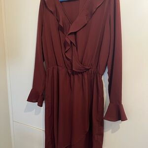 Dex burgundy Cowl Neck Ruffled Wrap Dress